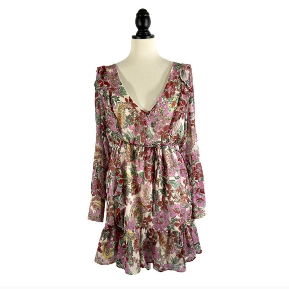 Topshop Purple Red Chiffon Floral Dress Split Sleeves v front and back size 12